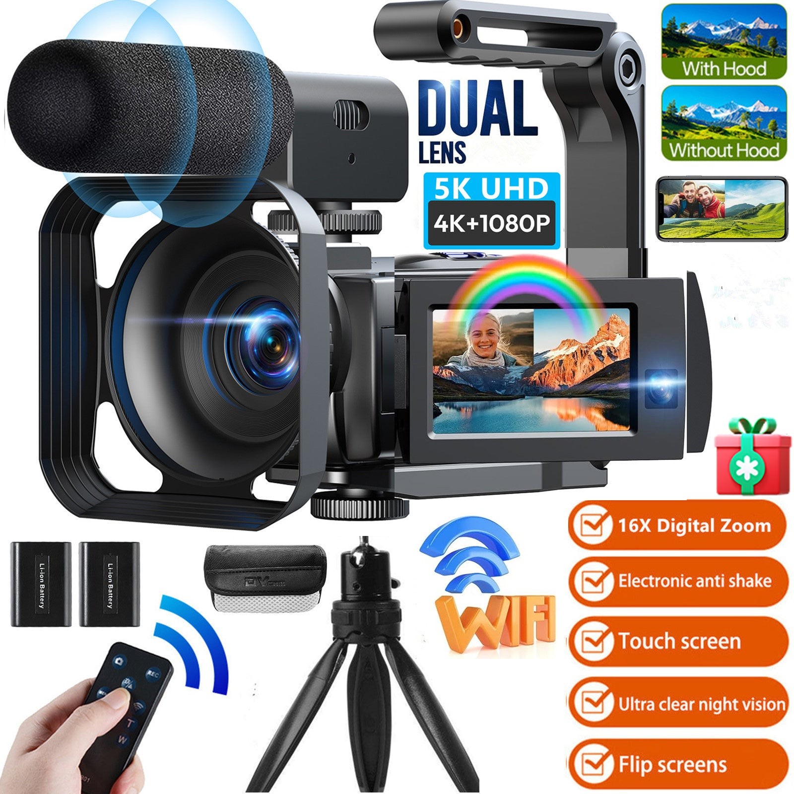 5K Camcorder Video Camera with Dual Lens WiFi IR Night Vision w/64GB,Mic,Tripod