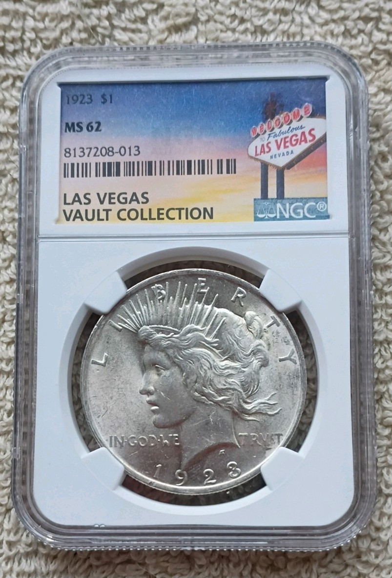 1923 P NGC MS 62 SILVER PEACE DOLLAR - RARE LAS VEGAS VAULT COLLECTION LABEL