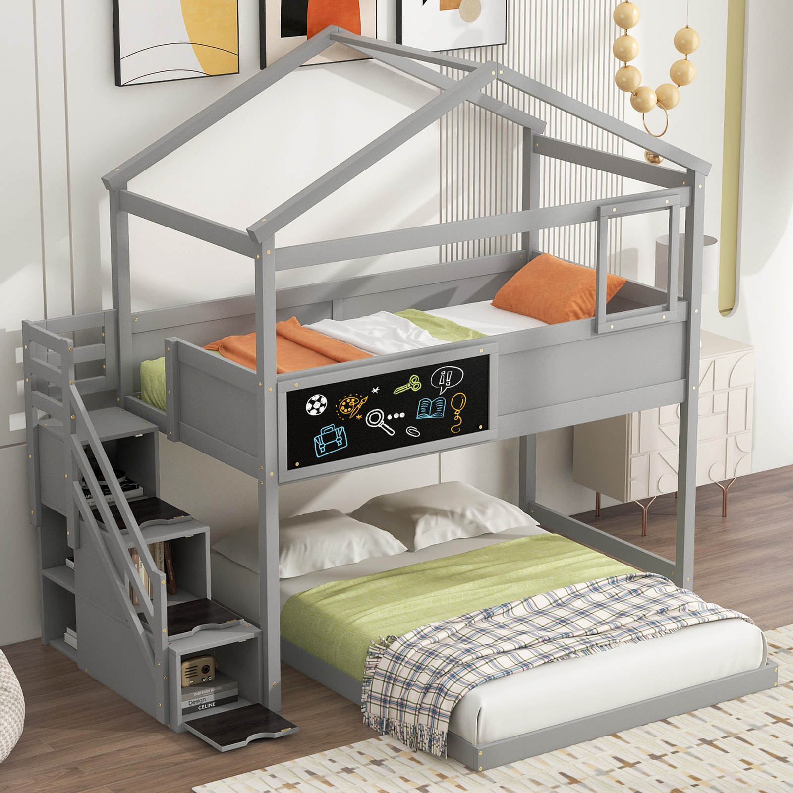 Wood Bed Frame Twin over Full House Bunk Bed w/Storage Staircase & Blackboard