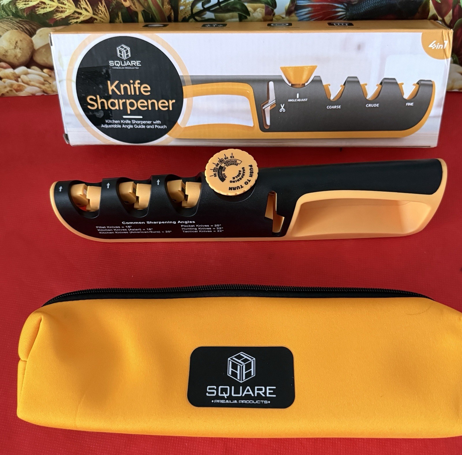 Knife Sharpener for Kitchen ; 4-in-1 Manual Sharpener, Adjustable Angle Guide