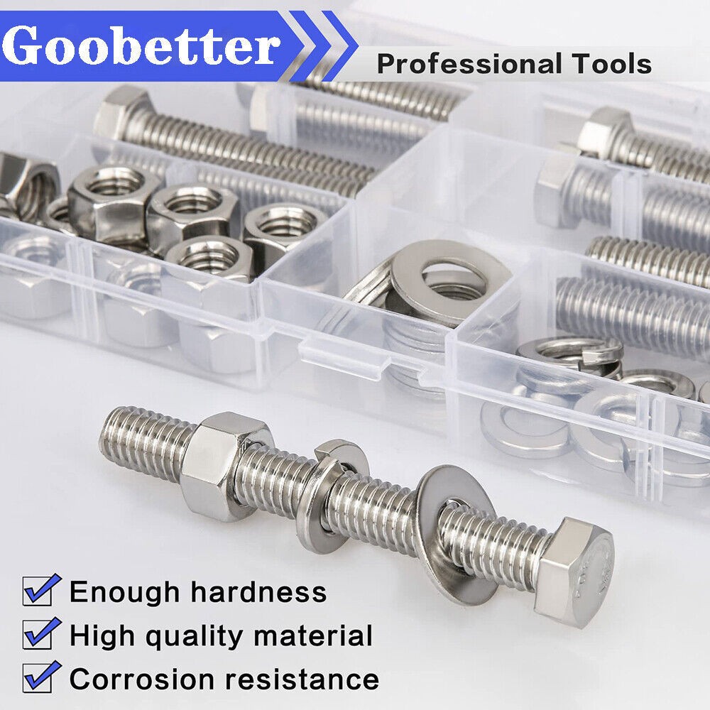 64pcs 3/8-16 Hex Head Bolt Nut Flat & Lock Washer Assortment Kit Stainless Steel