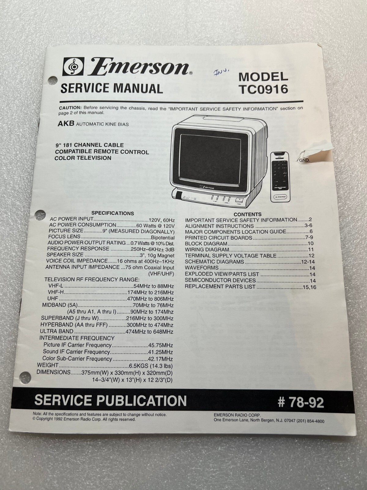 Emerson TC0916 Original Service Manual Free Shipping