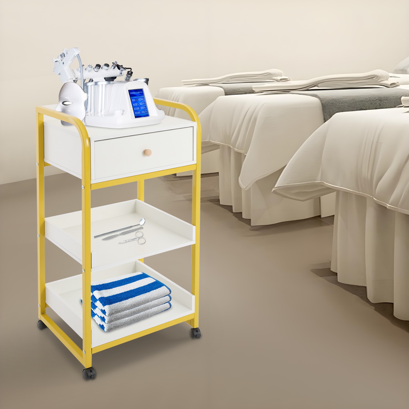 Salon Spa Barber Serving Trolley Rolling Tools Storage Cart With Shelf & Drawer