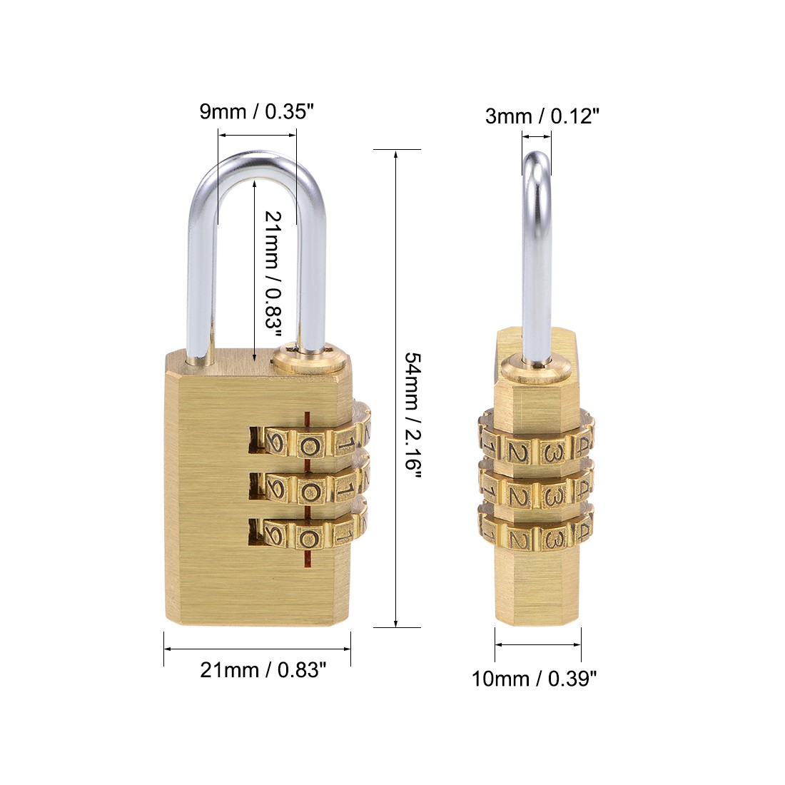 3 Digit Combination Padlock Brass Locks 3mm Shackle Diameter