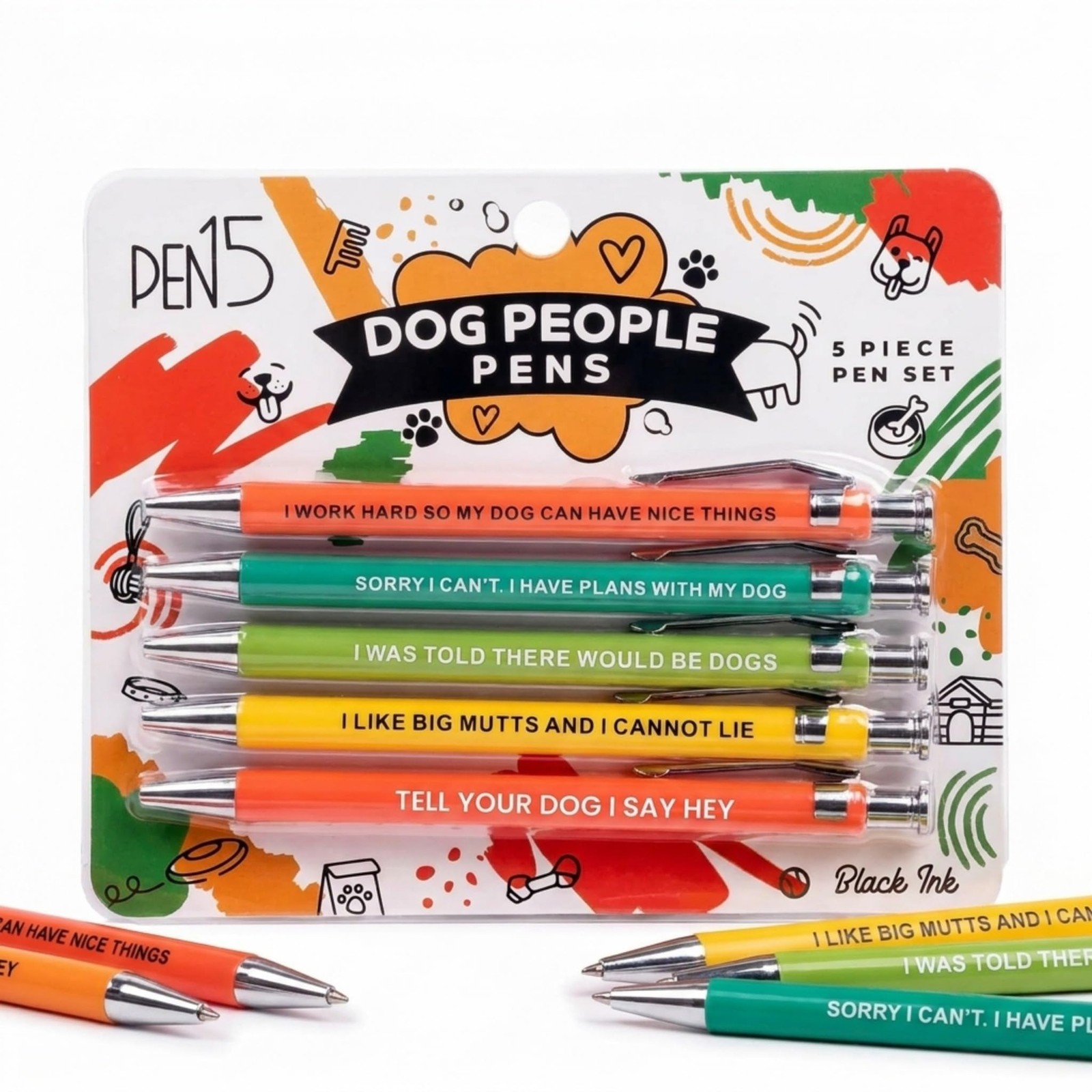 MilkToast Brands Funny Dog Pens 5-Pack Set, Black Ink Ballpoint Writing Pens wit