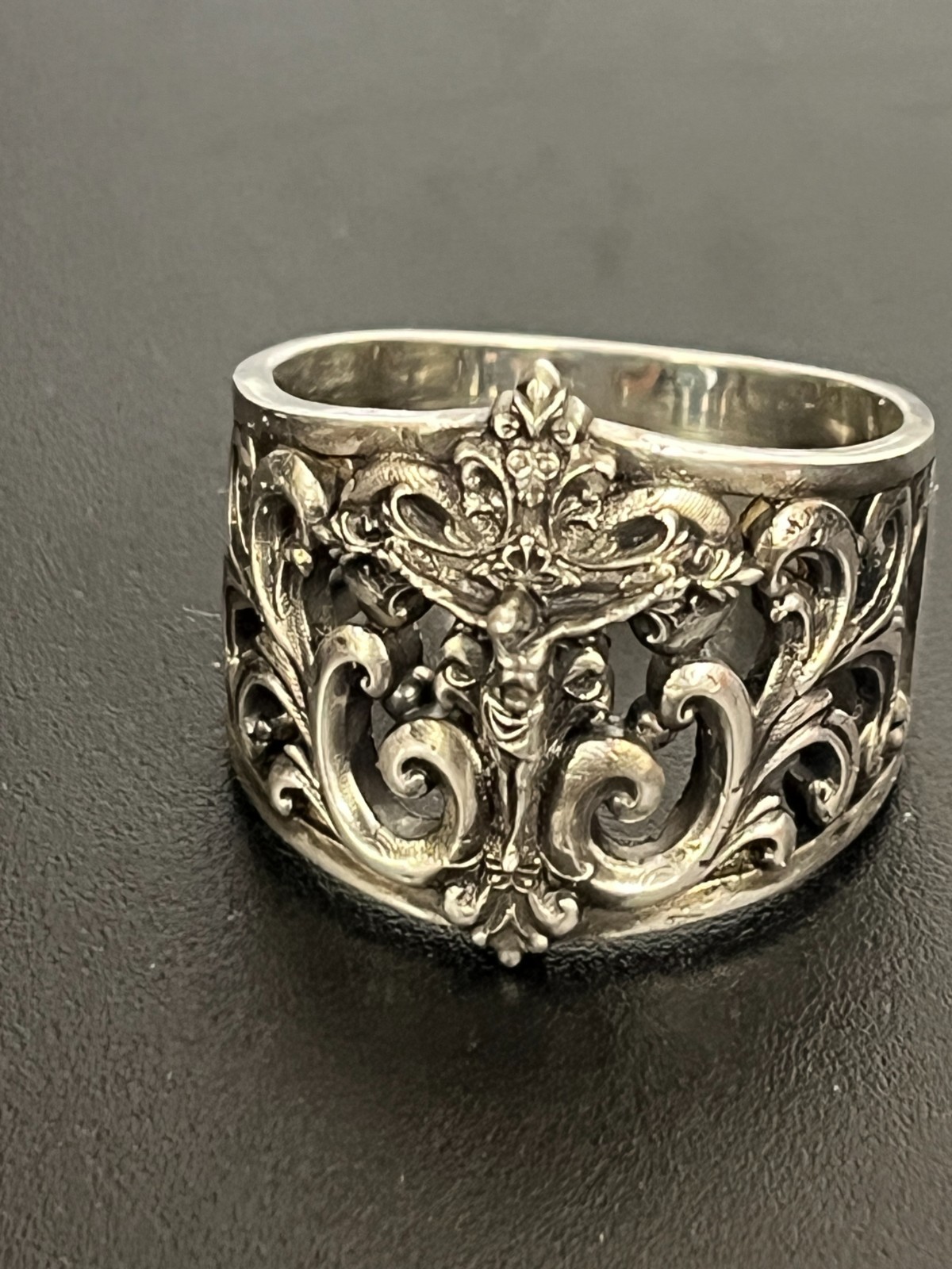 Gothic Cross Crucifix Baroque style Wide band with scrolls Sterling Silver 925