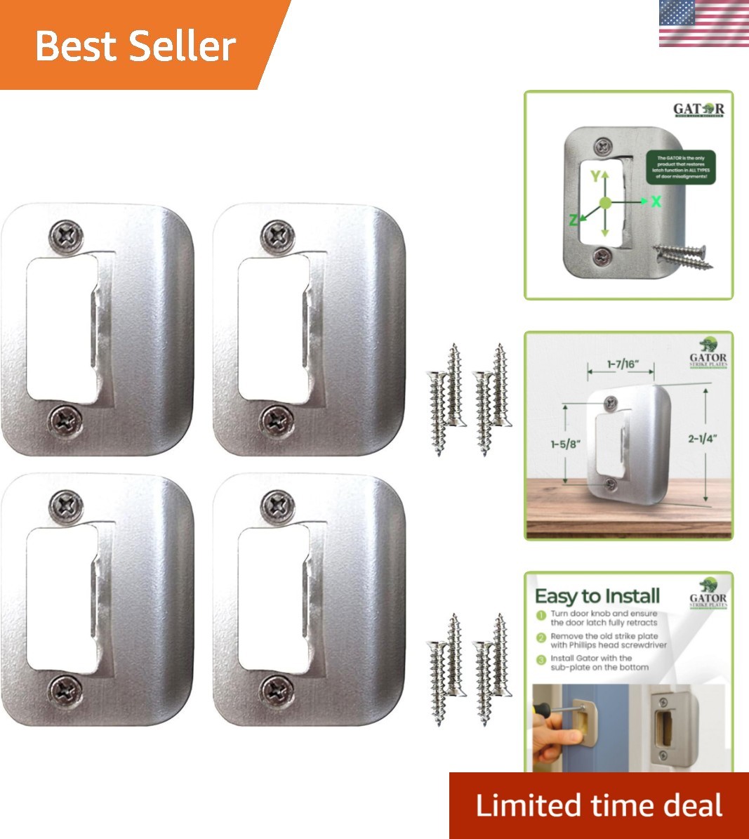 Universal 2-1/4" x 1-3/4" Satin Nickel Door Latch Plate – 4-Pack, Durable Design