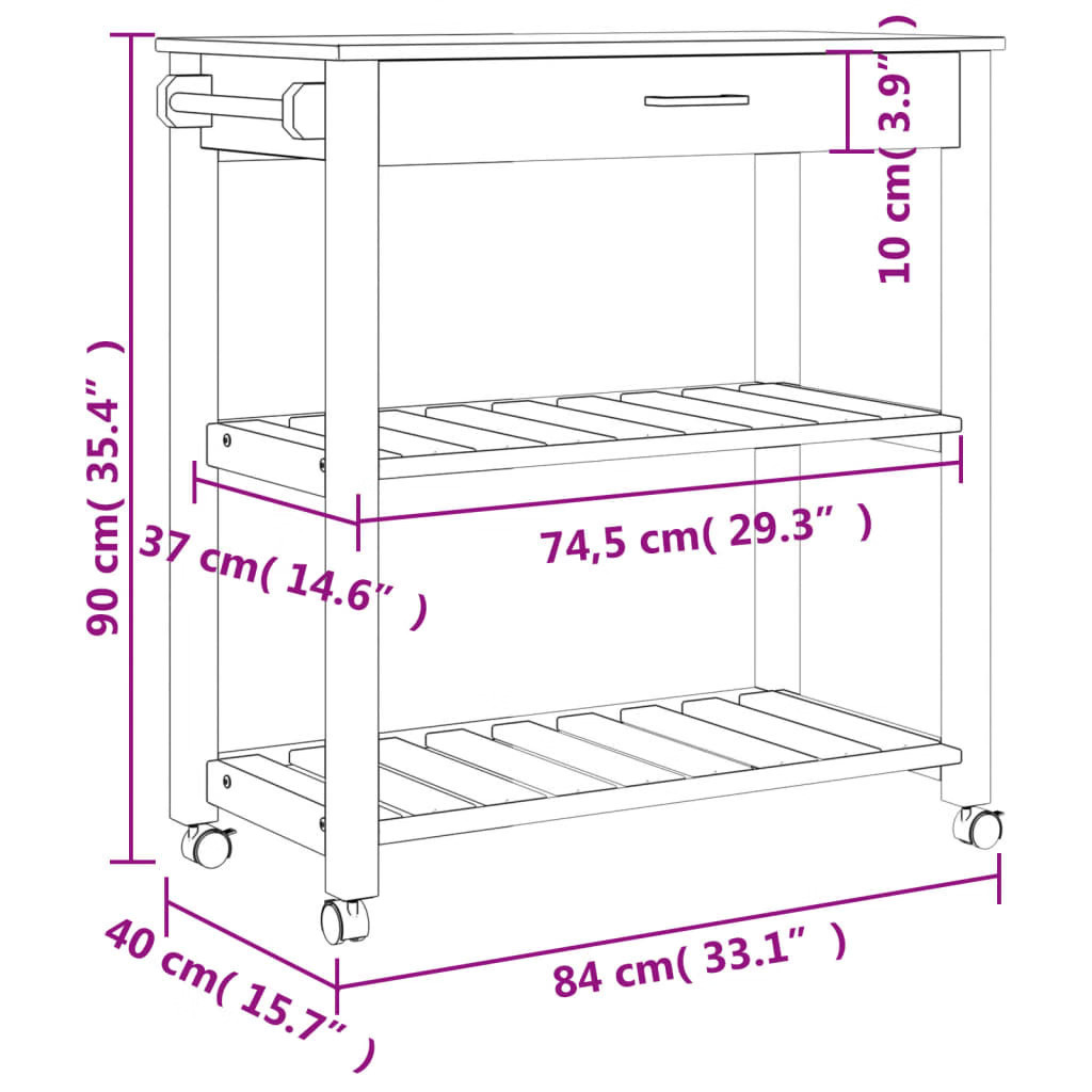 Kitchen Trolley MONZA 33.1"x15.7"x34.8" Solid Wood Pine