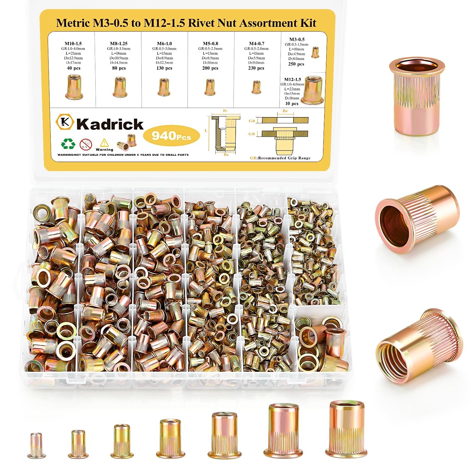 Kadrick Rivet Nut Kit, 940pcs Metric Rivet Nut Assortment Kit Galvanized Carb...