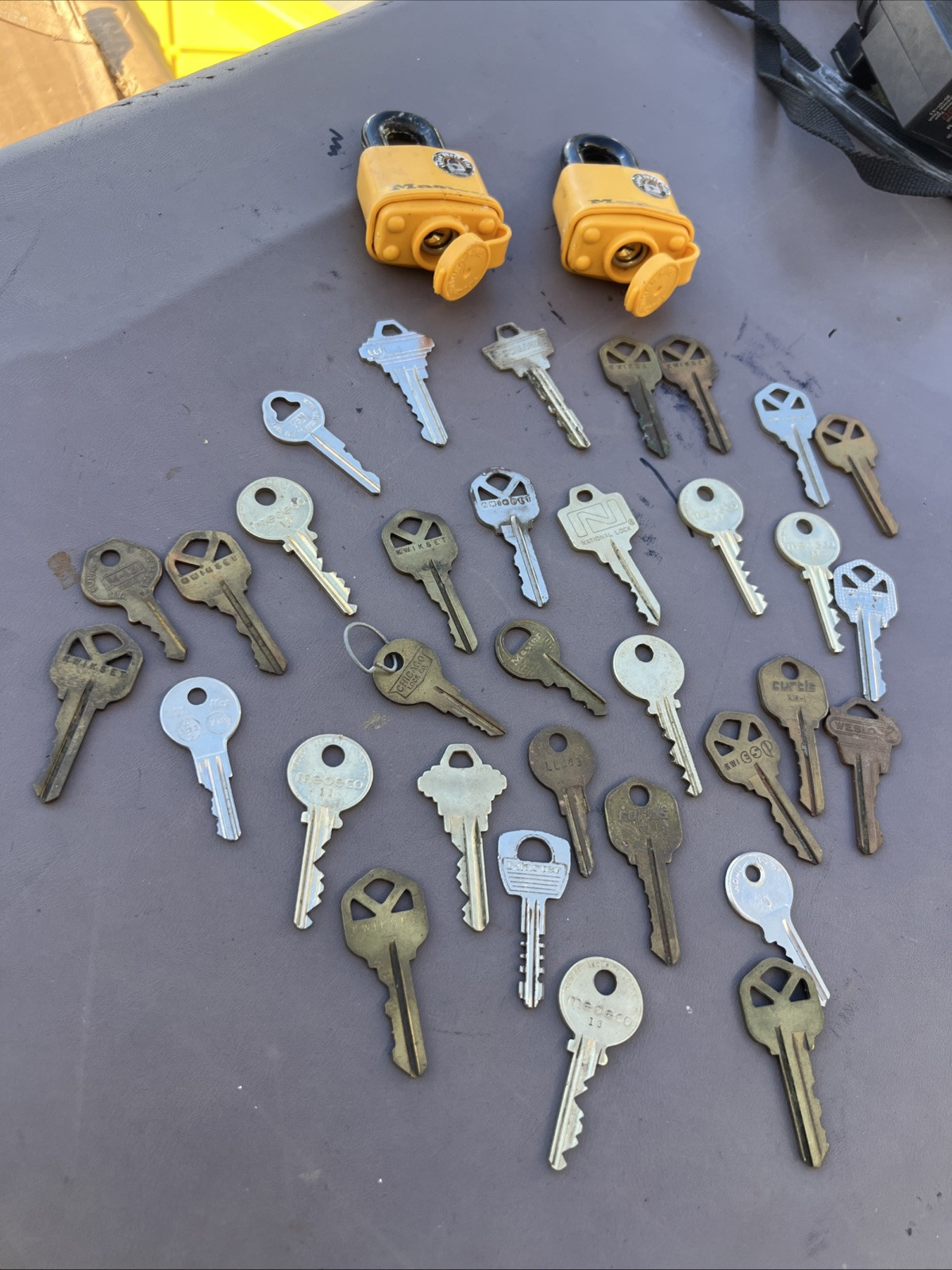 2 Master Lock Tough Under Fire Padlocks Yellow - No Keys - Plus Key Lot -Medeco