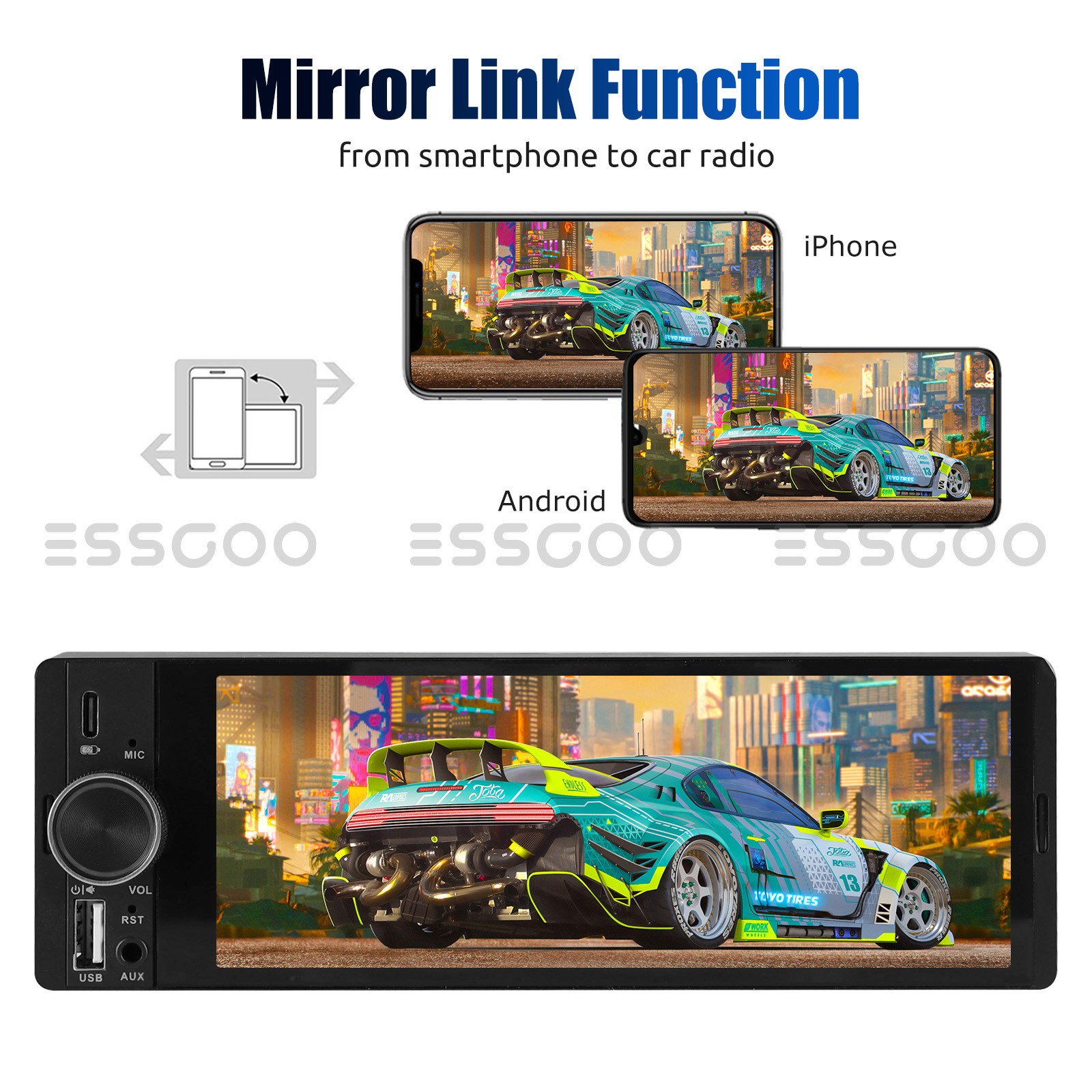 6.36" Single Din Car Stereo Wireless CarPlay Android Auto Radio Bluetooth MP5 FM