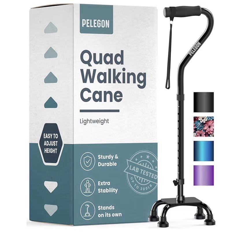 Pelegon Quad Cane Adjustable Height Lightweight Sturdy Black 300 lb