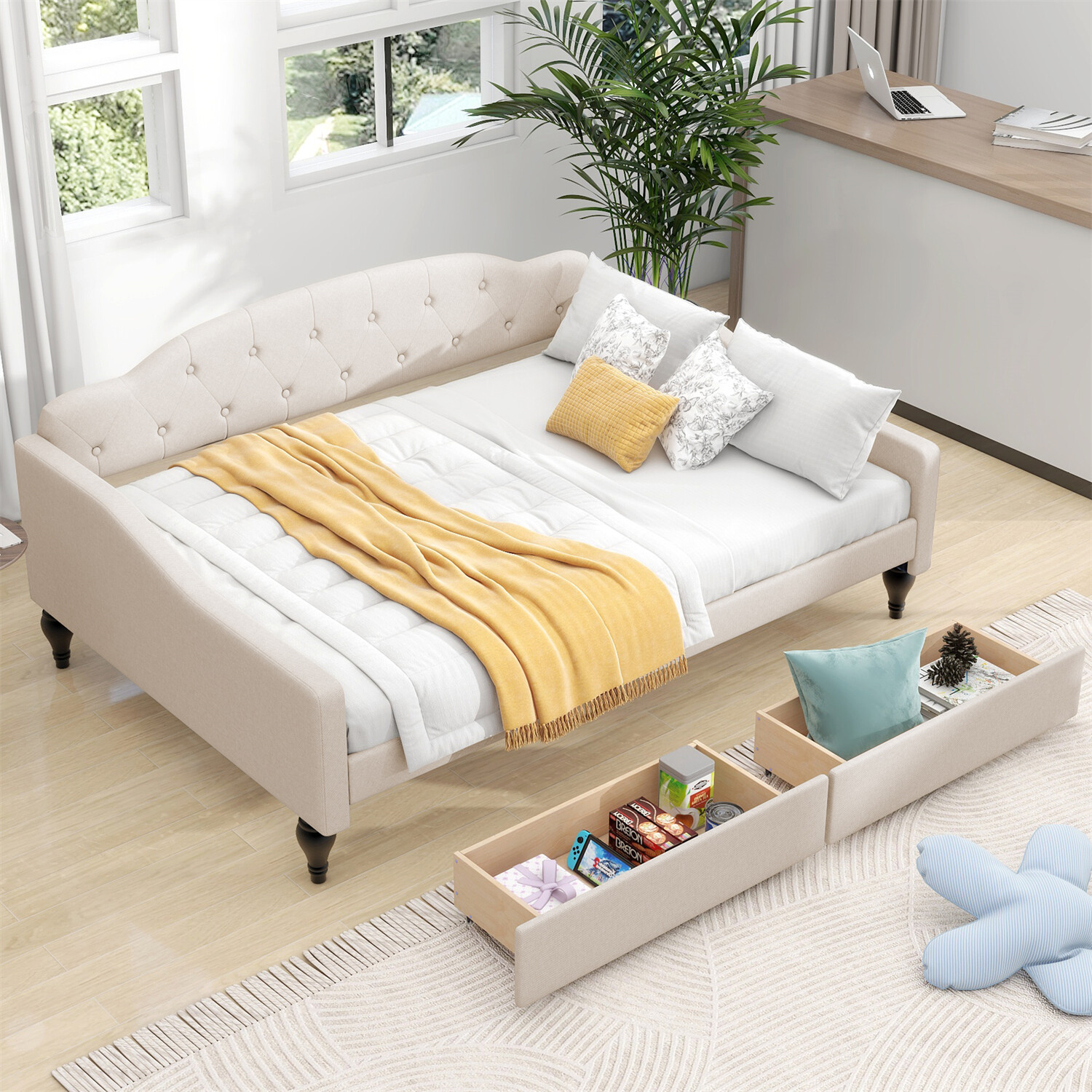Full Size Daybed Upholstered Bed Frame Sofa Bed w/ 2 Storage Drawers Beige