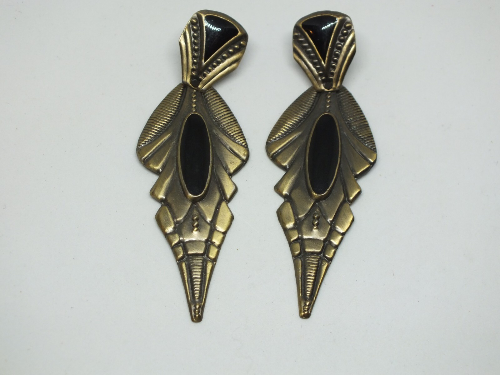 Beautiful Post Pierced Earrings Brass Tone Black Enamel 3" Long NICE