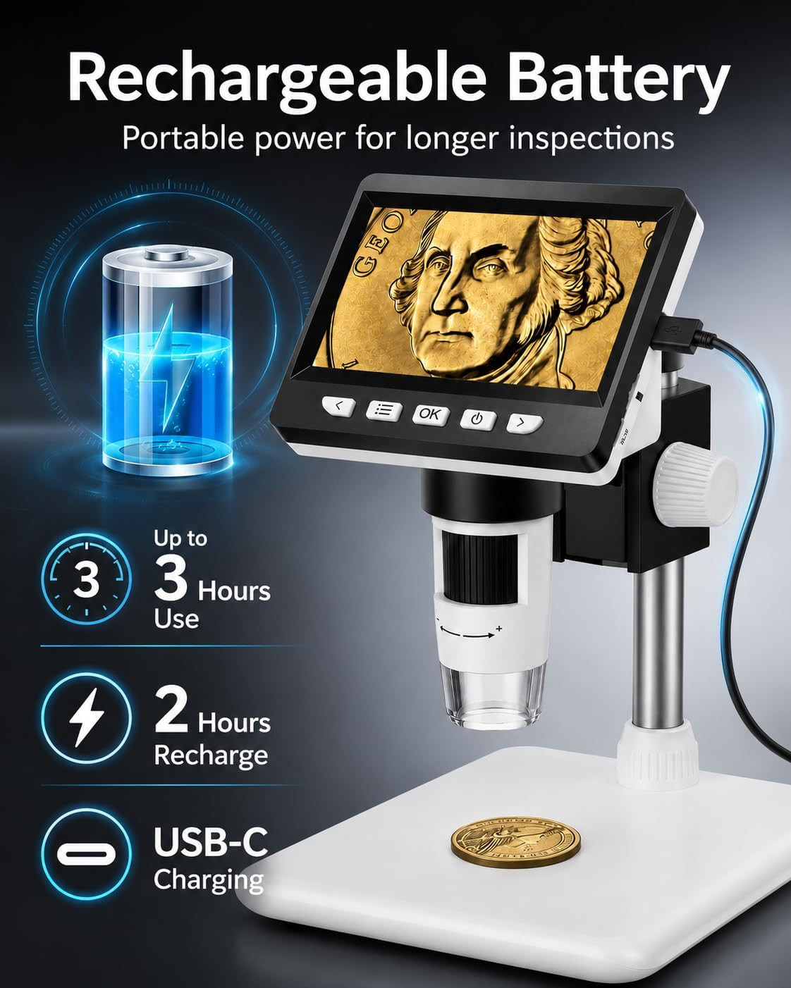 Digital Coin Microscope 1000X, 4.3" LCD Coin Magnifier with Screen for Error