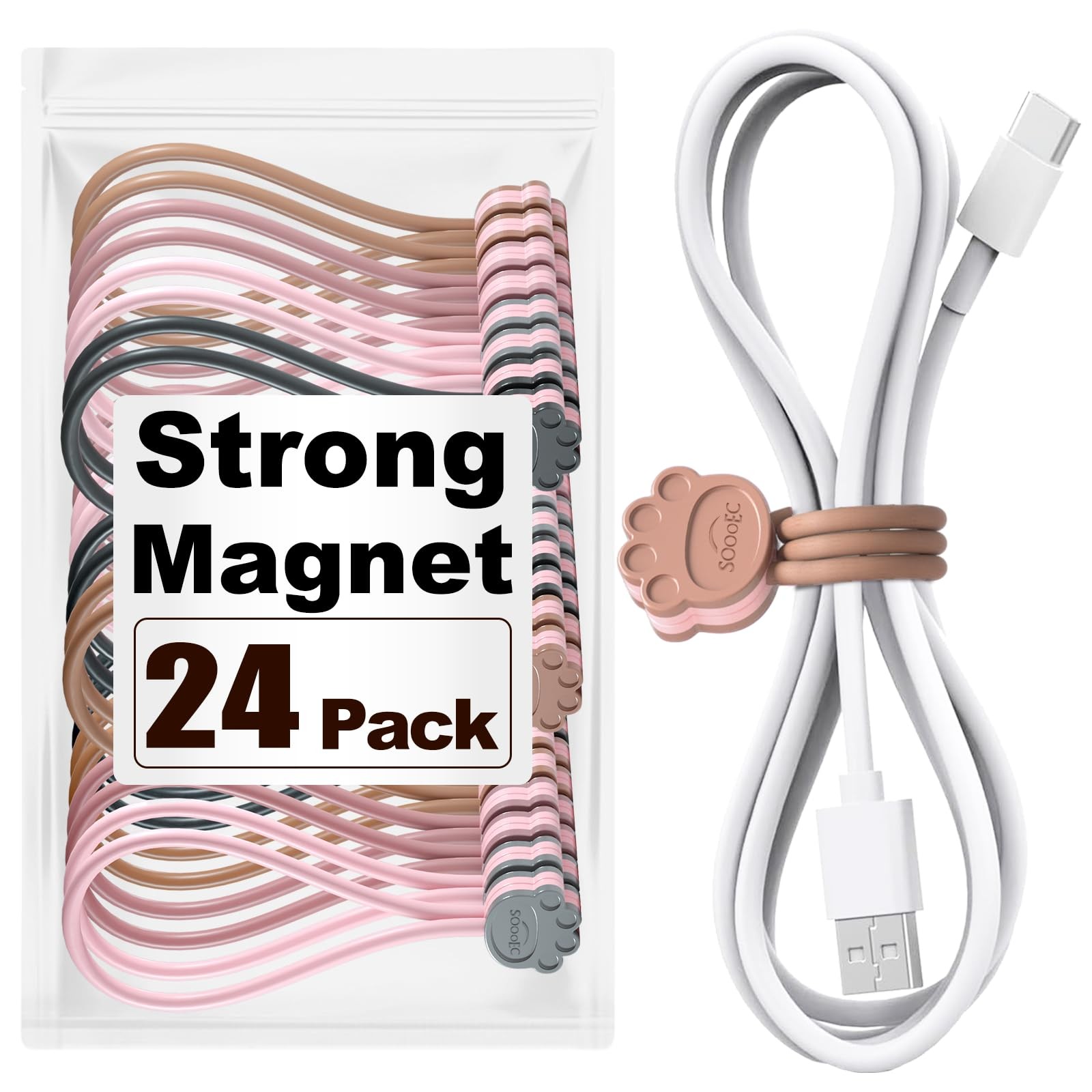 Cute Cat Paw Magnetic Cable Ties – 24 Pack, Reusable Silicone Cord Organizers...