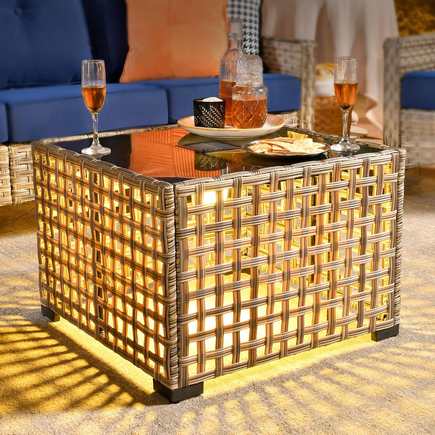 HOOOWOOO Patio Solar LED Lighting Table,Outdoor Wicker Coffee Table,All Weather