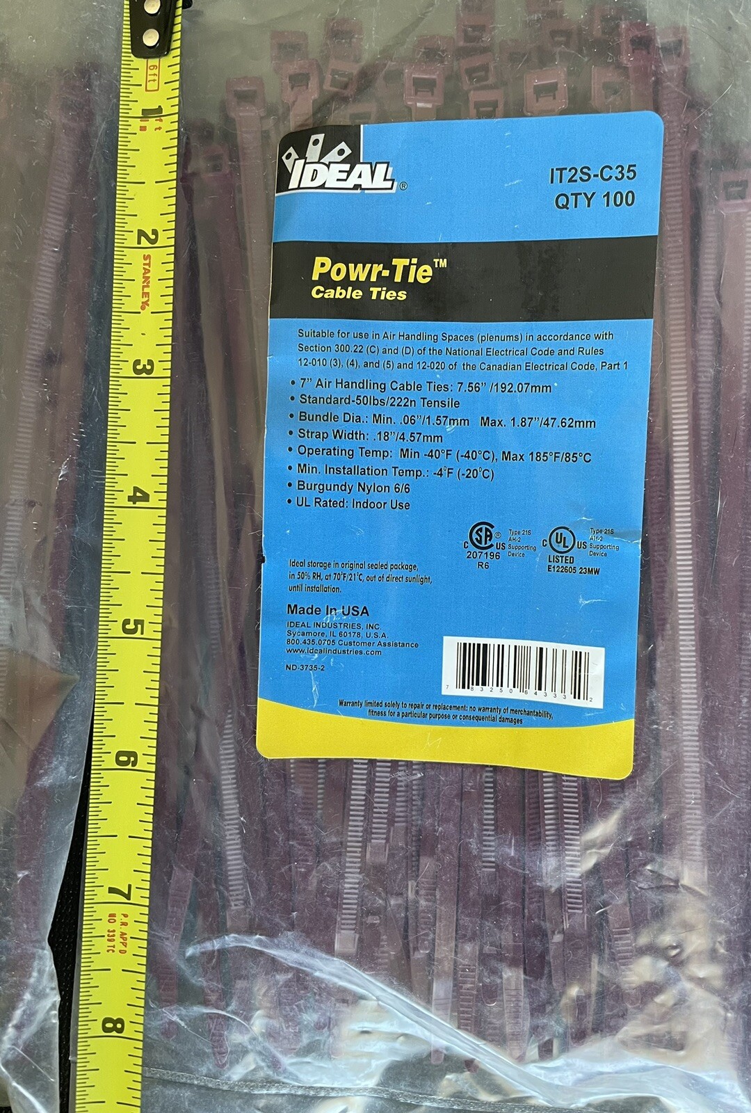 (#300)-Ideal IT2S-C35 7-1/2″ Standard Plenum Cable Tie 50 Lbs Burgundy