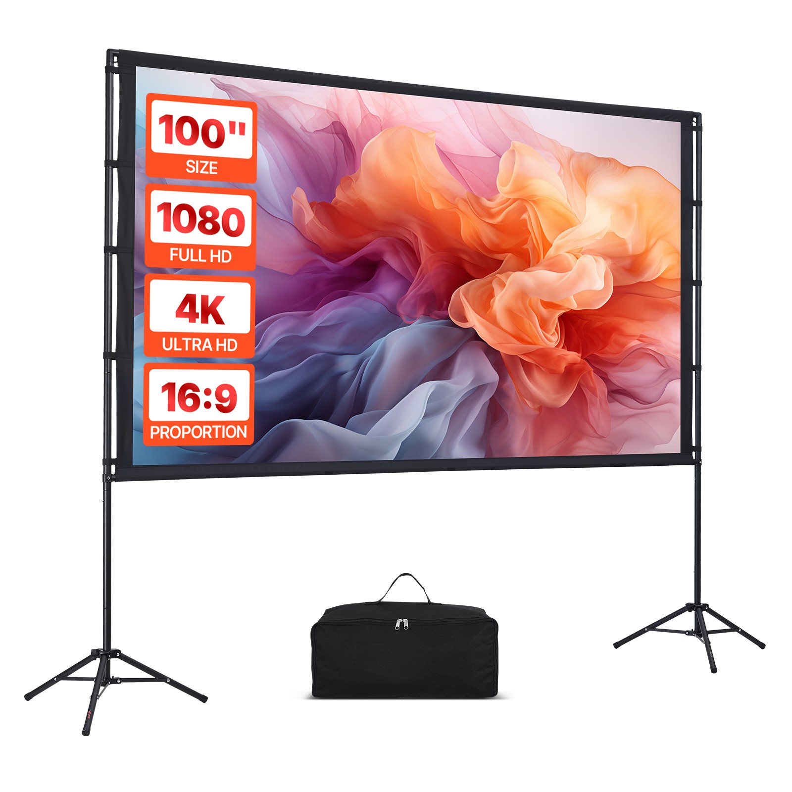 Uimoso Tripod Projector Screen with 2 Stands 100 Inch 160° Wide Angle 4K HD 16:9