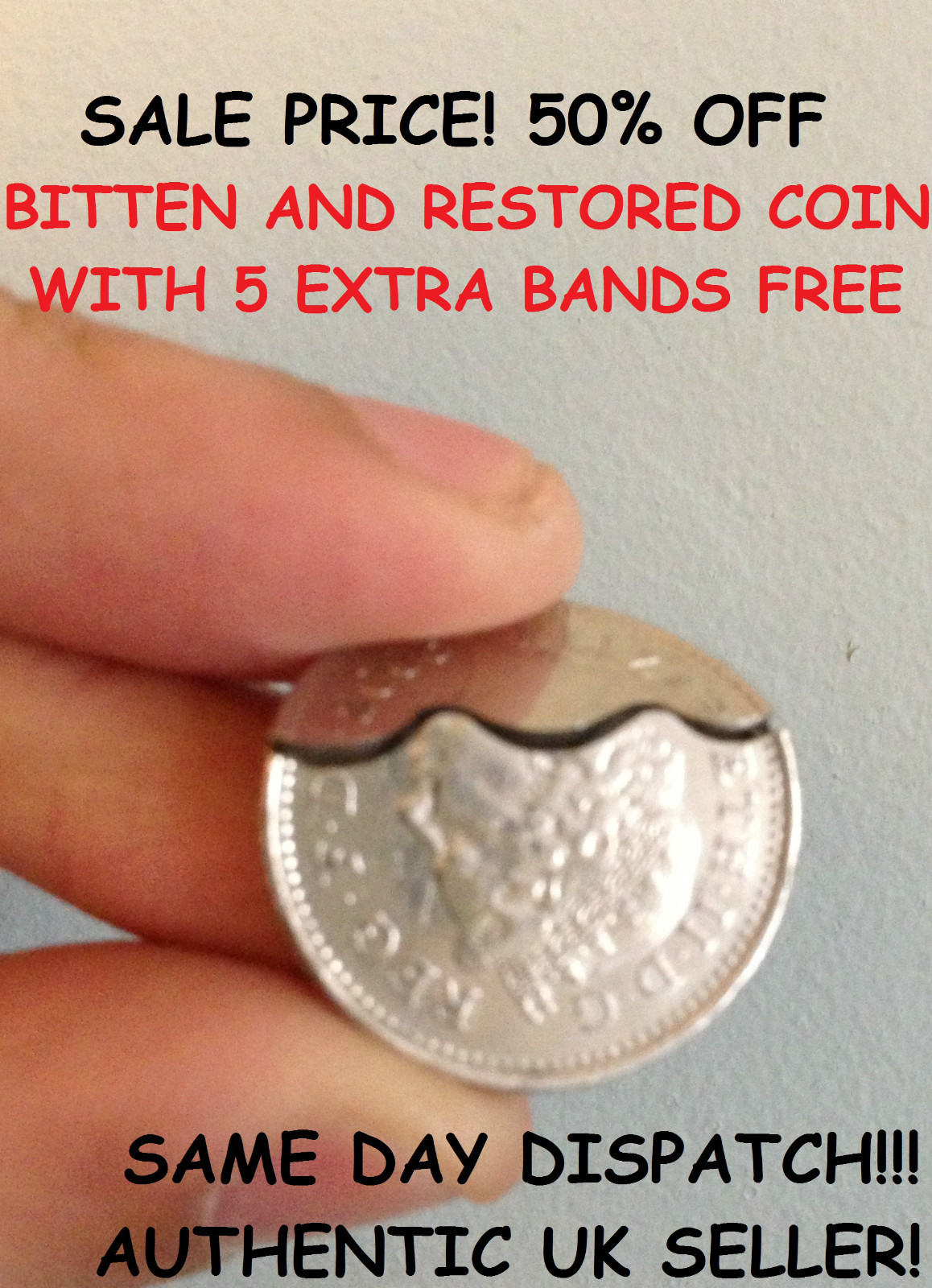 Bitten and Restored 10p / DAVID BLAINE BITE OUT COIN MAGIC! with 5 extra bands!