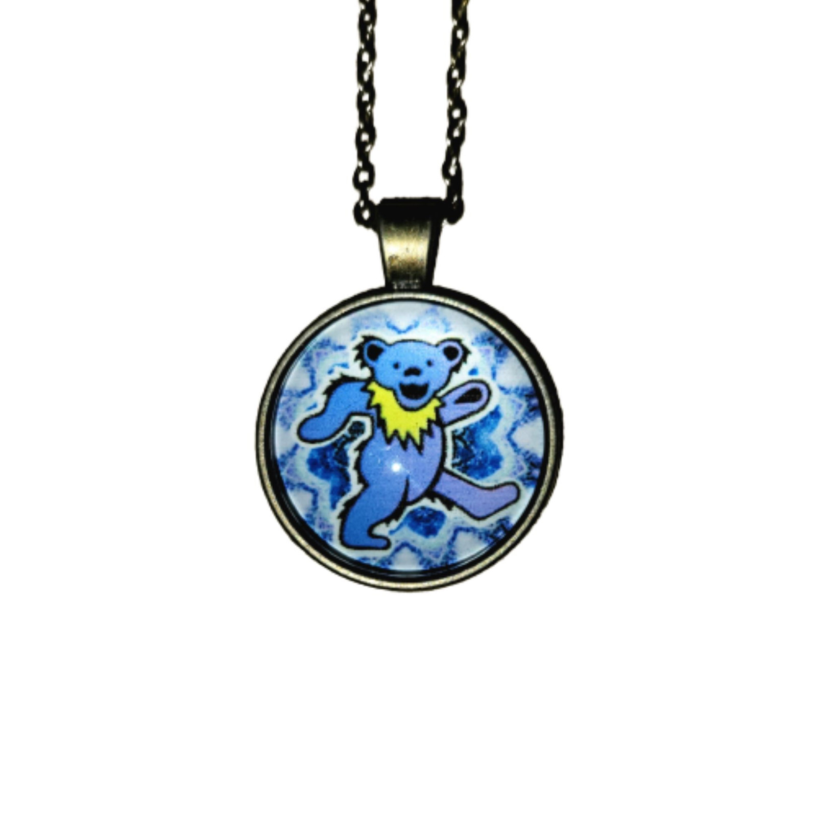 Grateful Dead Dancing Bear Necklace Antique Brass Chain & Glass Cabochon Charm