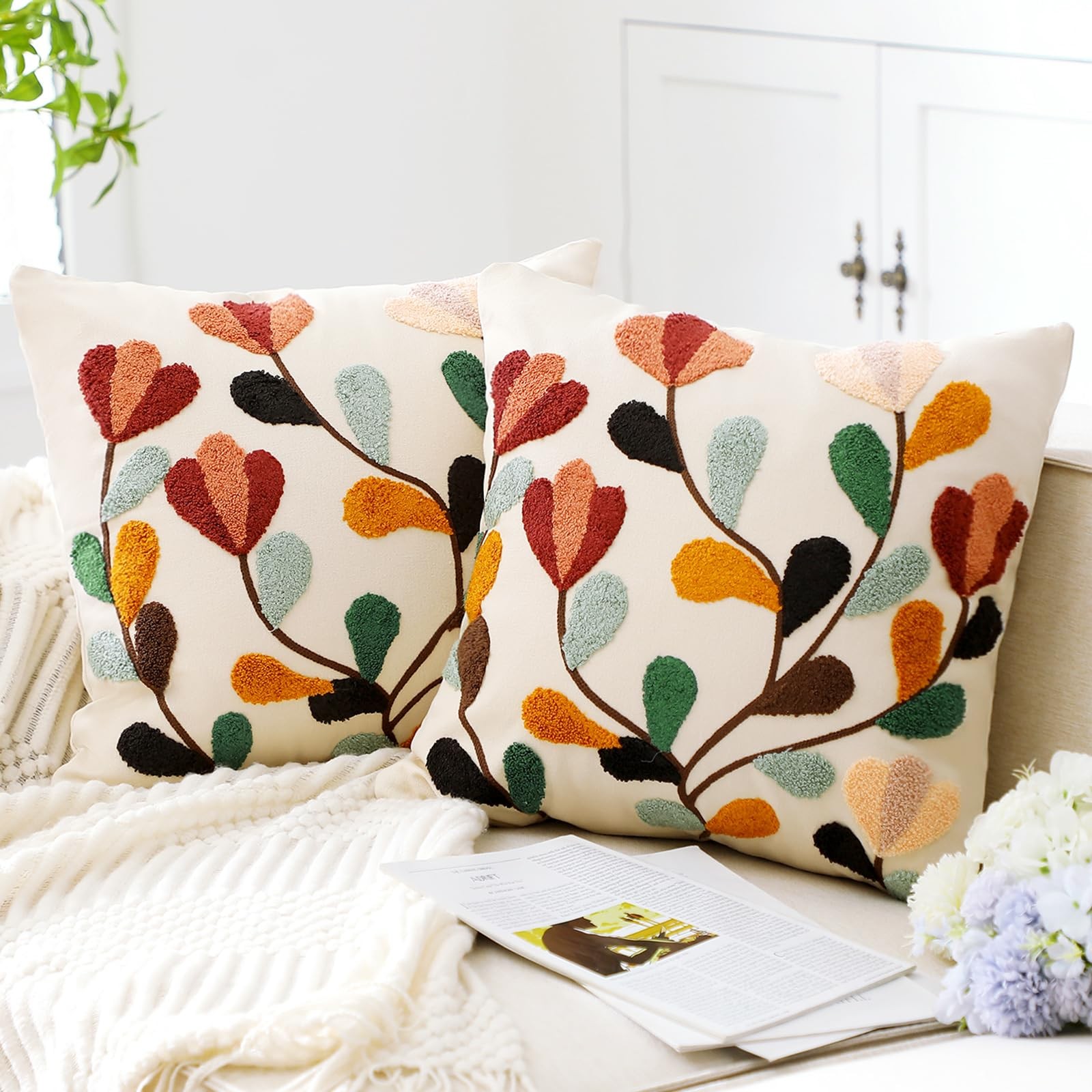 2 Pcs Boho Floral Embroidered Decorative Throw Pillow Covers with Zipper 18 x...