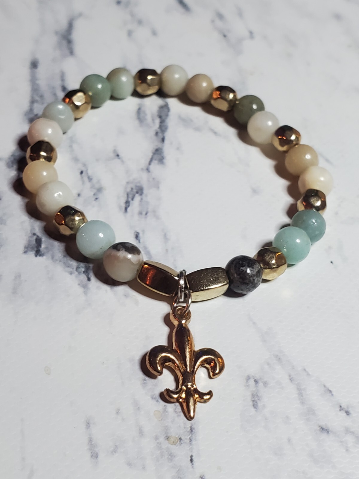 Beautiful  Fleur De Lis Charm Beaded Bracelet With Gemstones