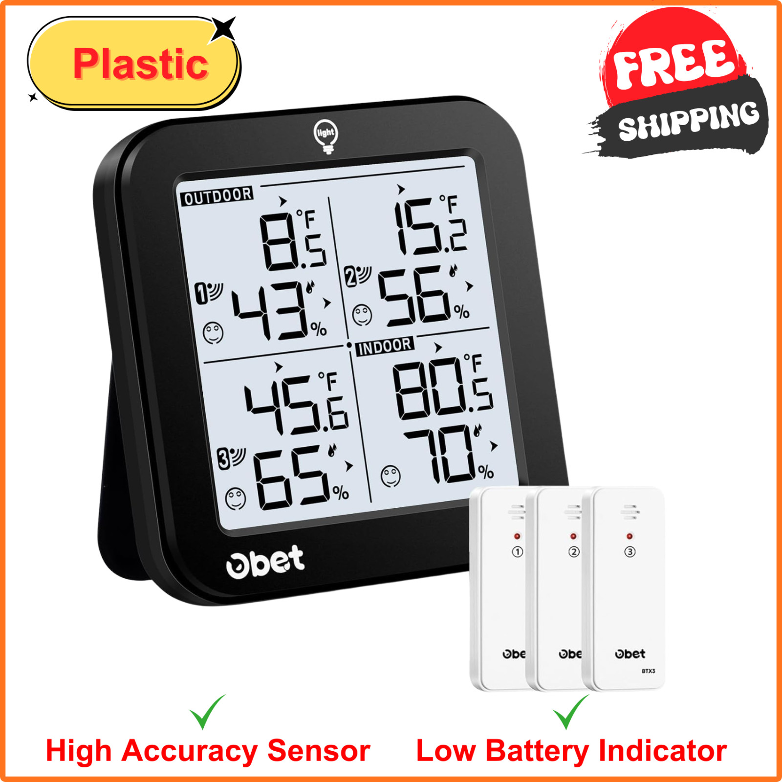 OBET Indoor Outdoor Thermometer Wireless W 3 Sensors Weather Station Temperature