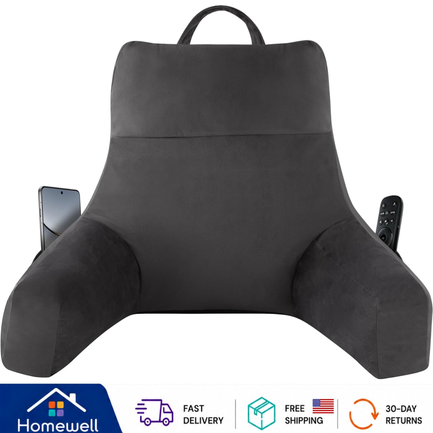 Grey Memory Foam Reading Pillow with Arms - Ergonomic Backrest for Couch & Bed