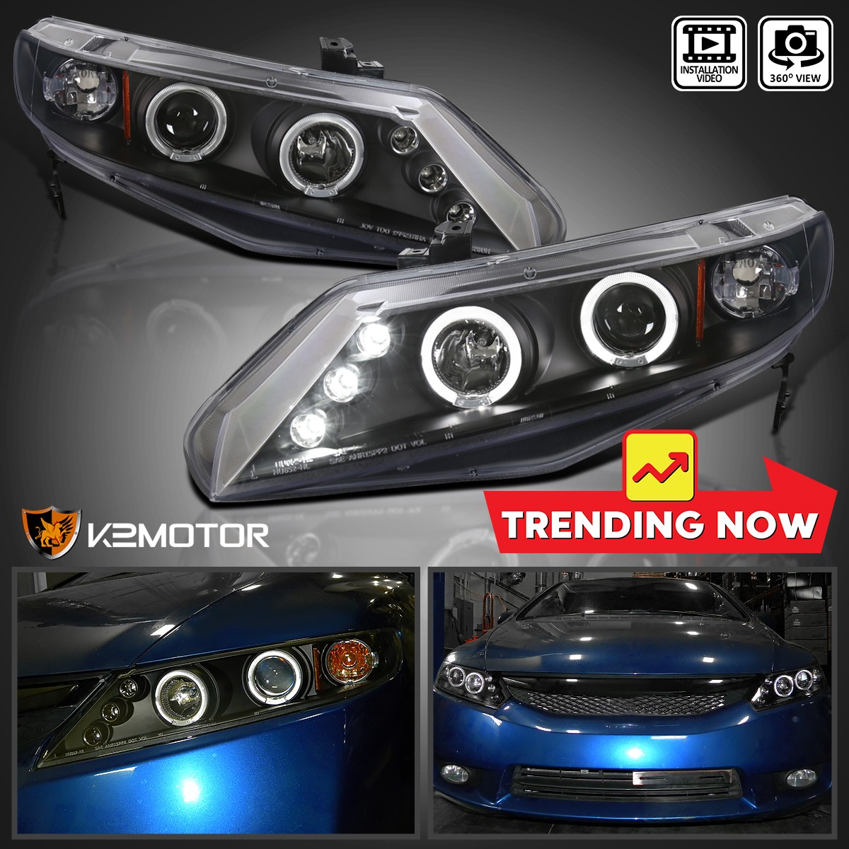 Black Fits 2006-2011 Honda Civic 4Dr Sedan LED Halo Projector Headlights Lamps