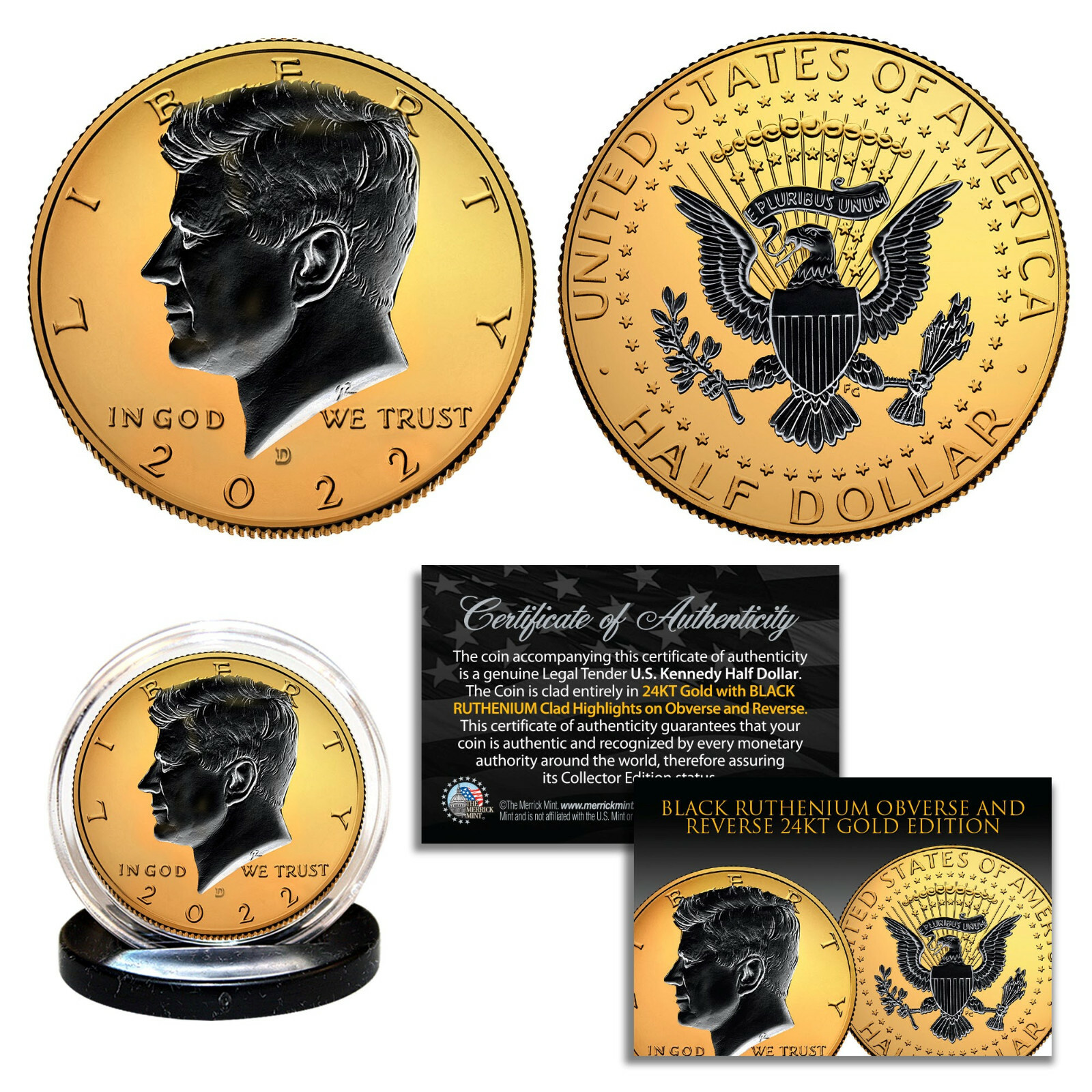 24K GOLD 2-Sided 2022 JFK Kennedy Half Dollar Coin with BLACK RUTHENIUM - D MINT