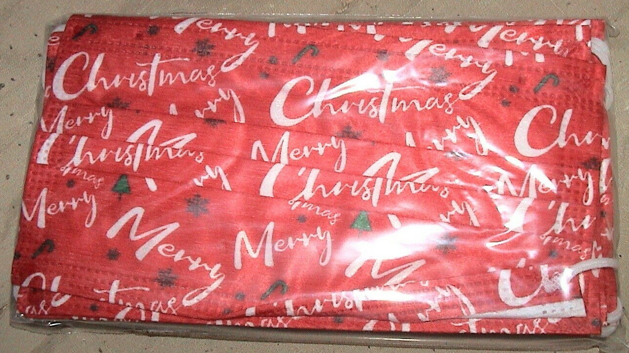 50 RED & WHITE FACE MASKS-MERRY CHRISTMAS*TREES*CANES & SNOWFLAKES-NEW IN BOX