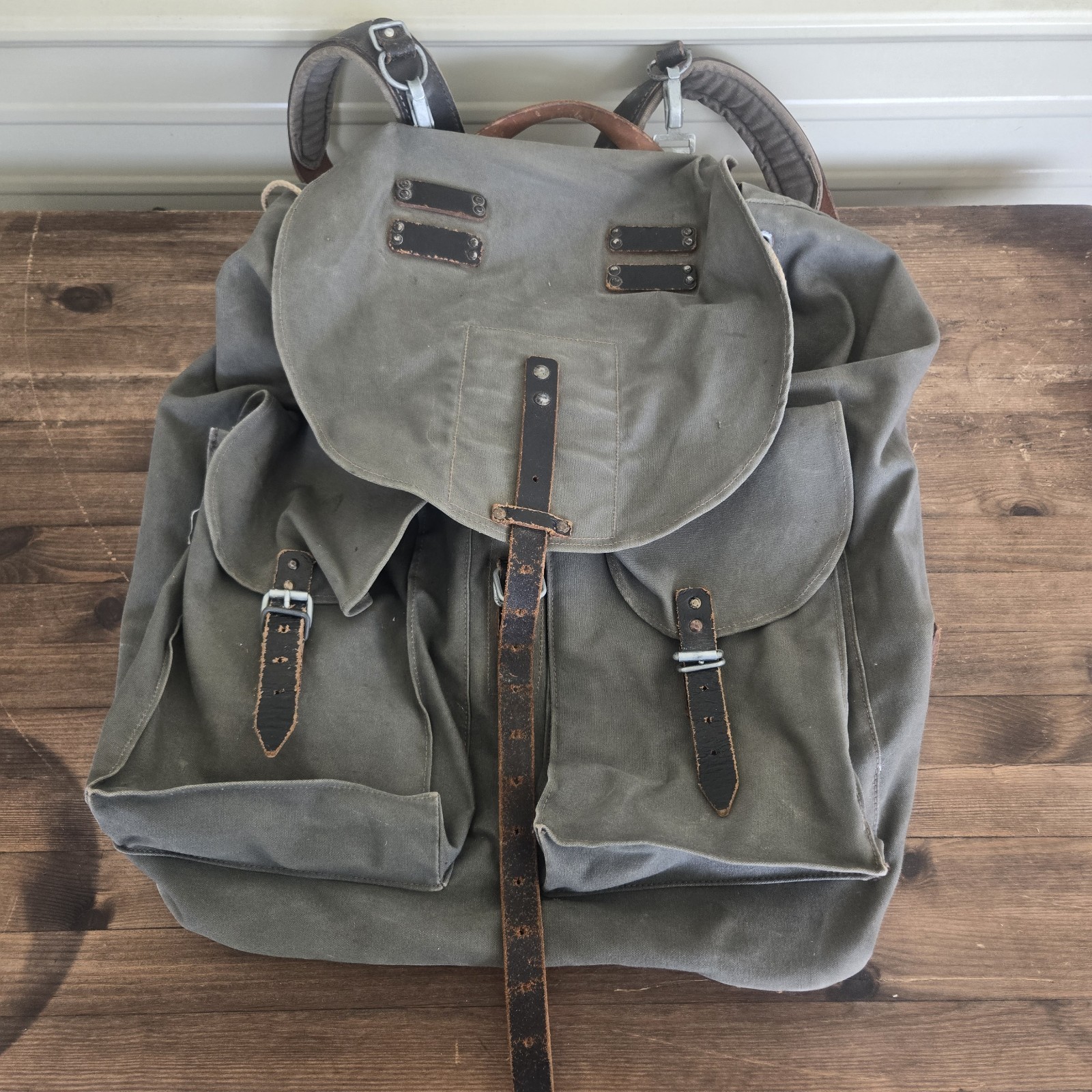 Vintage WWII Austrian Germany backpack Canvas Leather Trim Stolla Wien