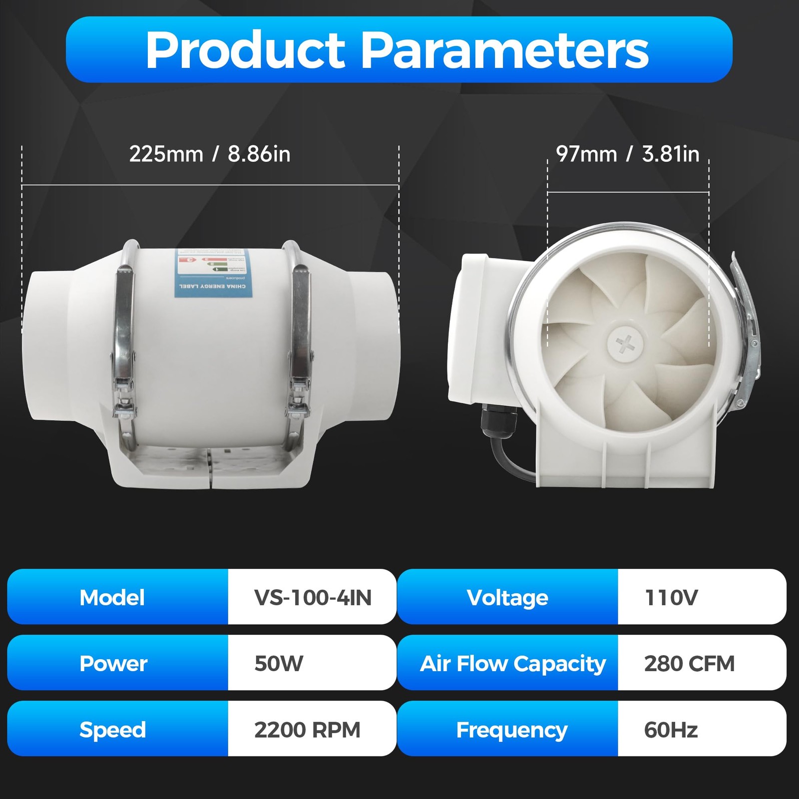 4" Inline Duct Fan 280CFM High Efficiency Vent Exhaust for Bathroom Kitchen