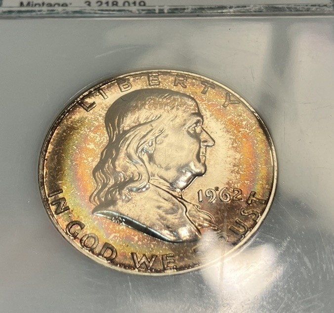 1962 Proof Franklin Silver Half Dollar , PCI Holder, Rainbow Toning, Toned