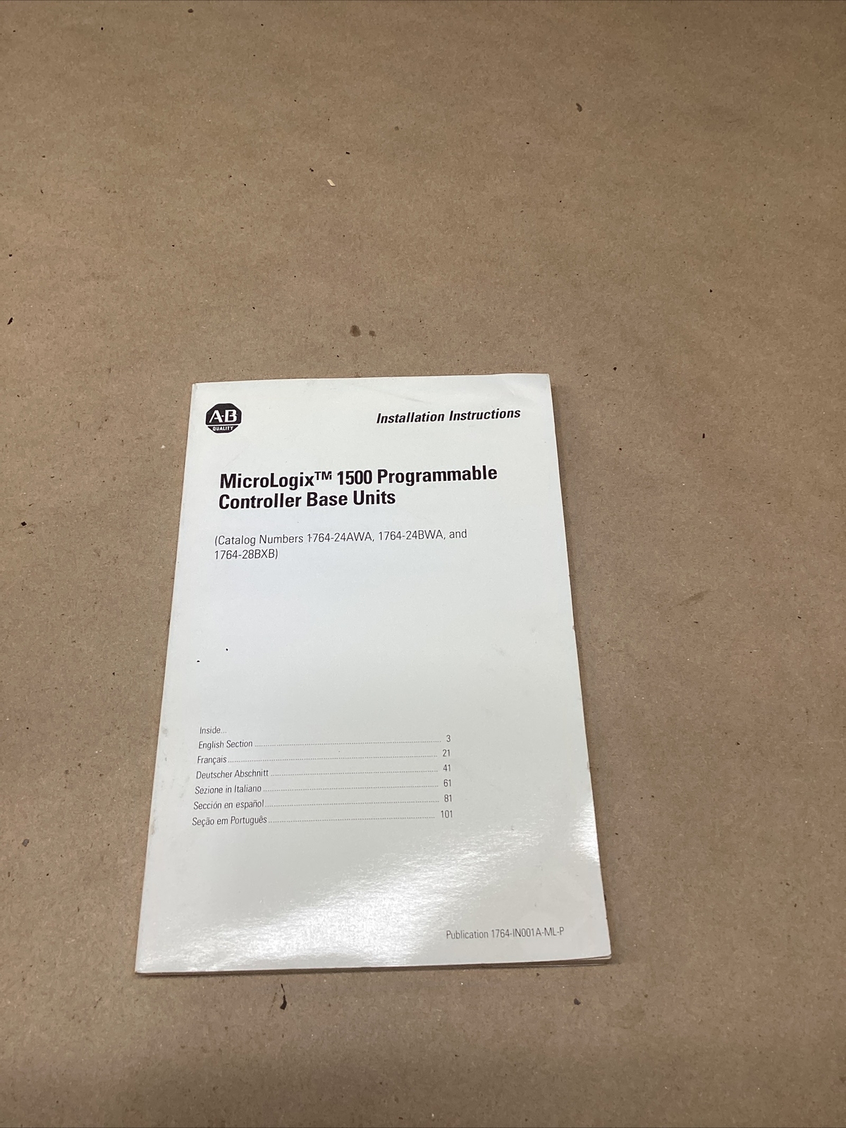 AB MICROLOGIX 1500 PROGRAMMABLE CONTROLLER BASE UNIT Manual #707G105