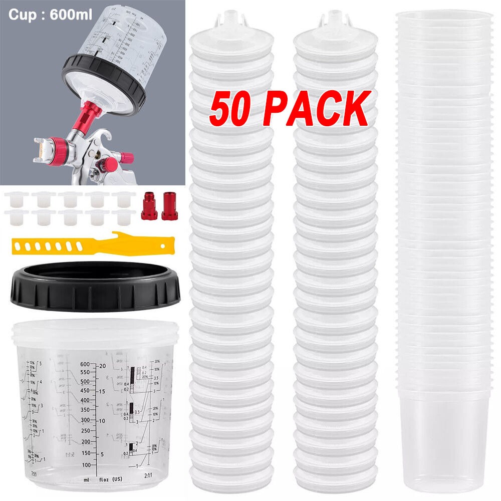 50 Pack PPS CUPS Disposable Paint Spray Gun Cup Liners and Lid System (125 Mic)