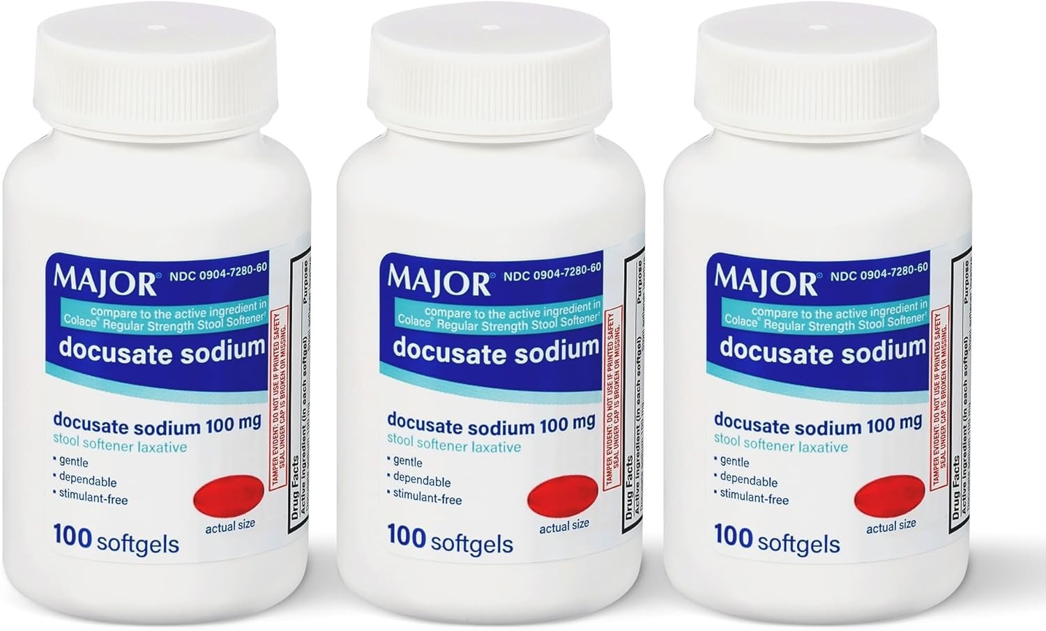 Major DOK Docusate Sodium Stool Softener 100mg Softgels 100ct -3 Pack