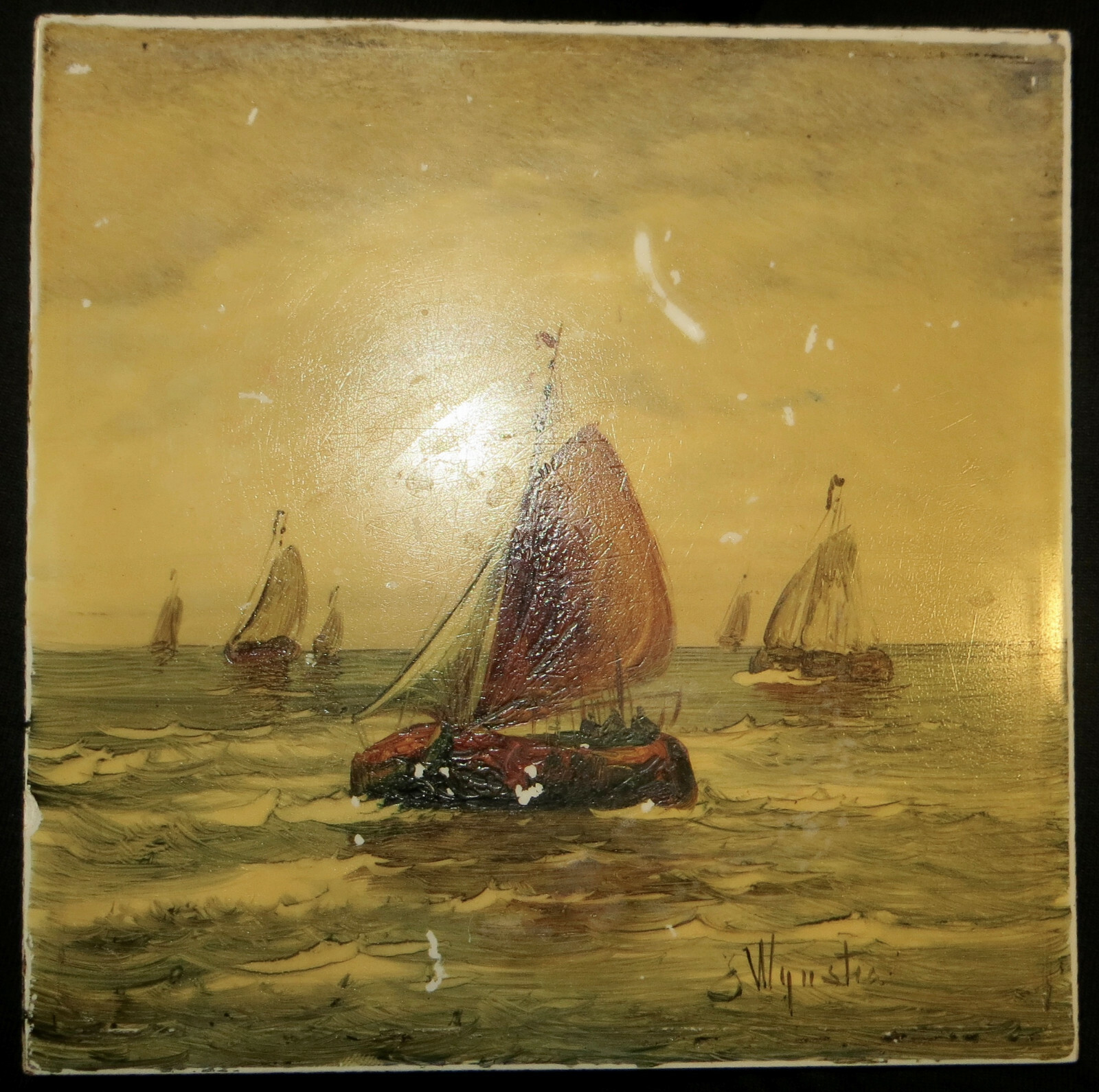 genuine antique J Wynstra 1880 PAINTING on TILE Germany Fishing Boat Handpainted