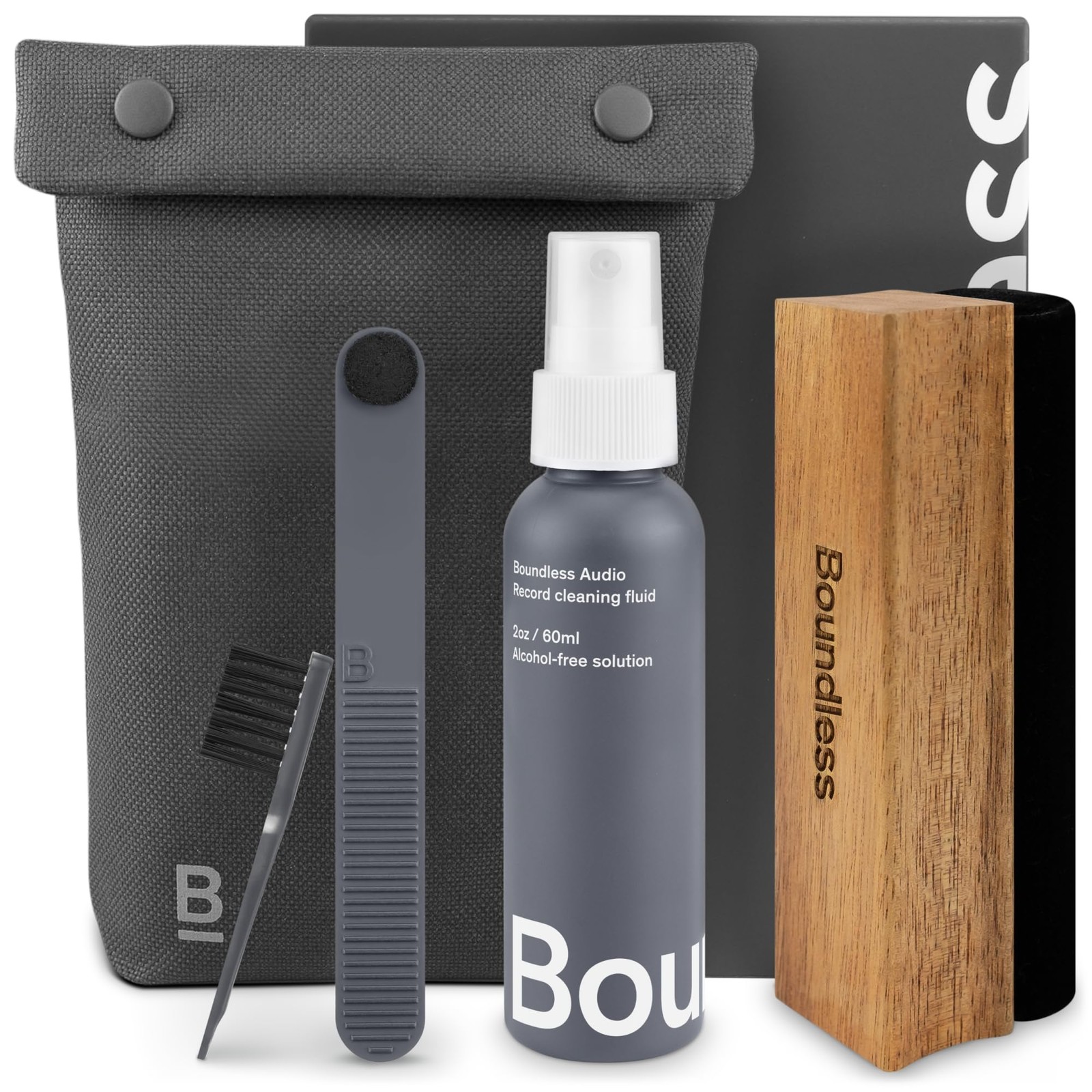 Boundless Audio 5-Piece Record Cleaner Set Brush Fluid Stylus Bag