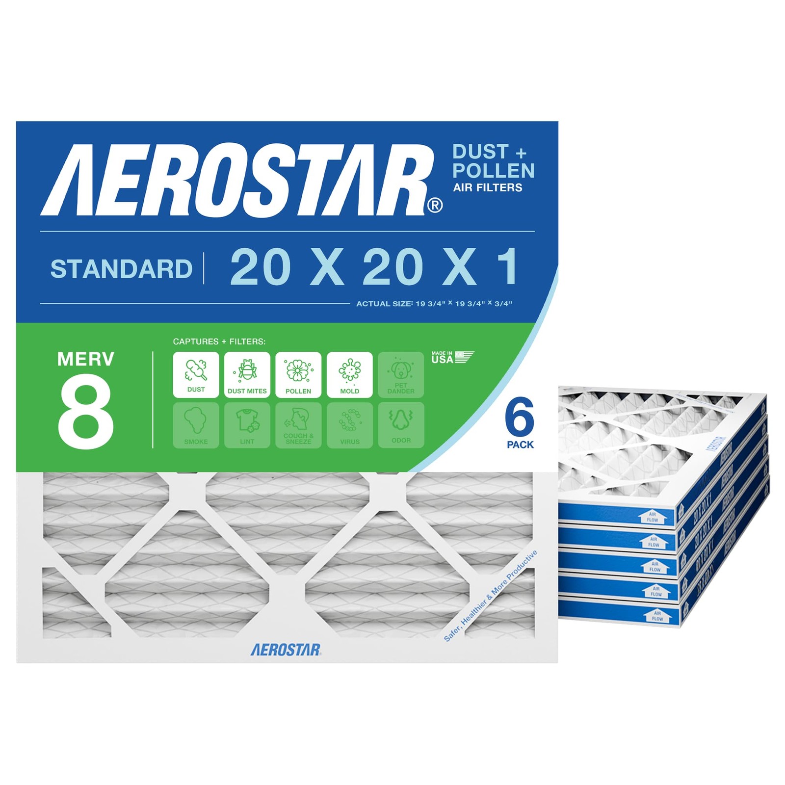 20x20x1 MERV 8 Air Filter, 6 Count, ACTUAL SIZE (19.75 x 19.75 x 0.75), HVAC,...