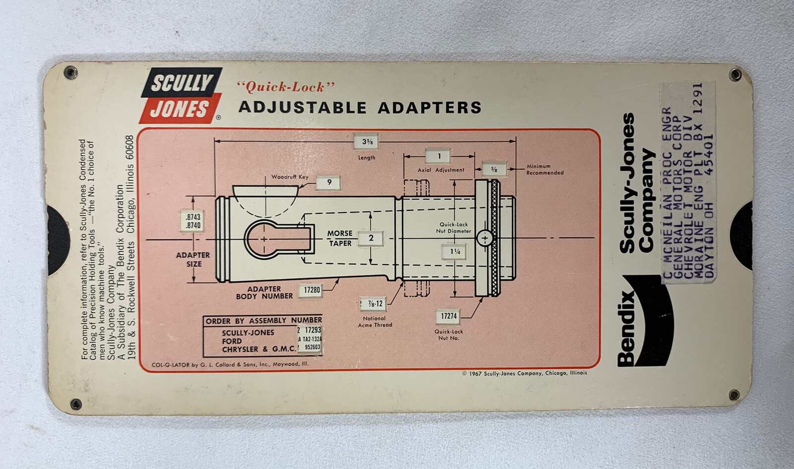 BENDIX Scully -Jones - Quick Lock Adjustable Adapters  CALCULATOR Slide Chart