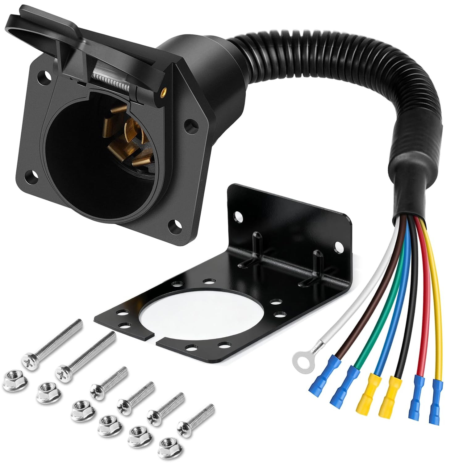 7 Way 7 Pin Trailer Plug RV Socket Wiring Harness Kit w/Bracket Screws for Truck