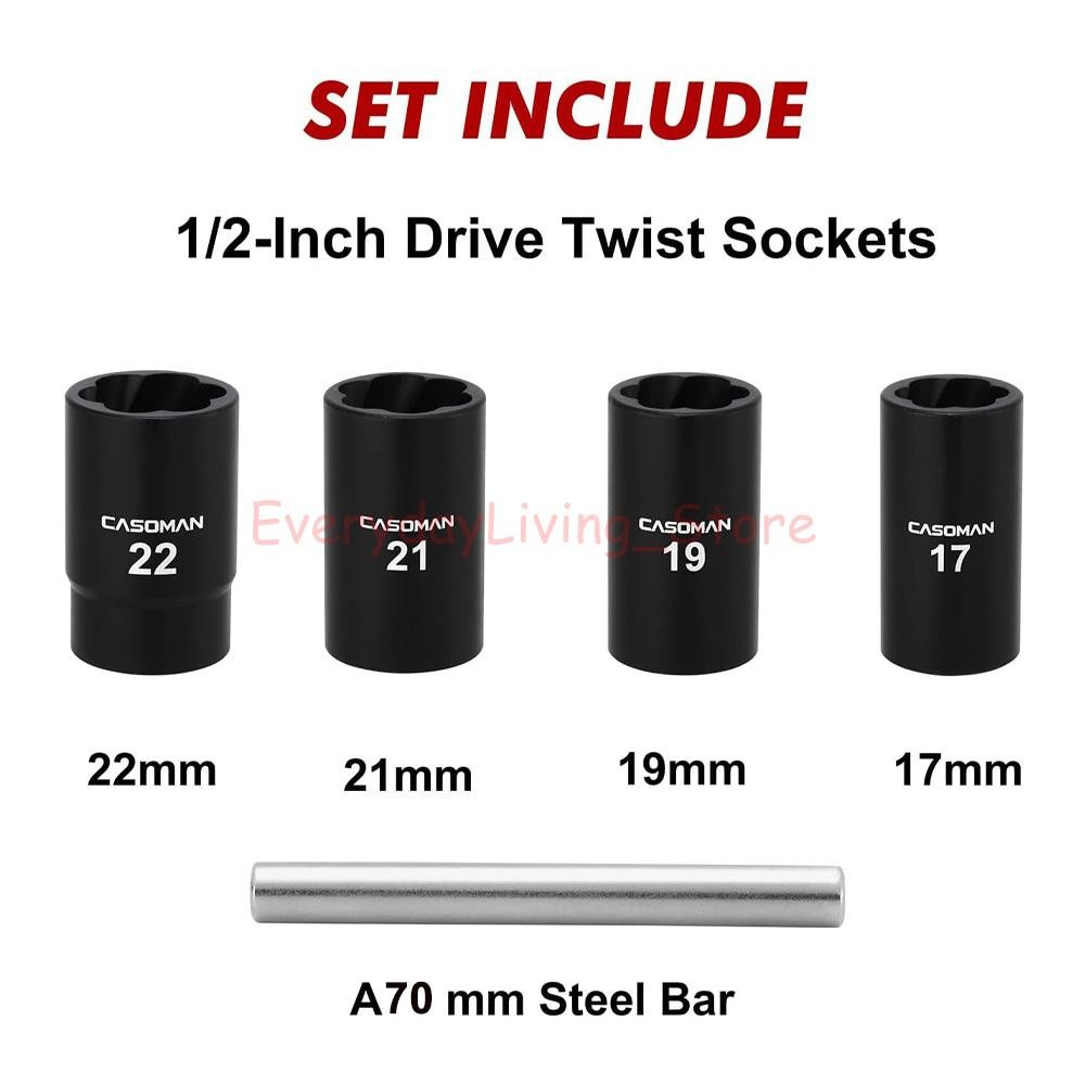 5Pcs Wheel Lug Nut Remover 1/2" Drive Twist Socket Kit Remove Damaged Locked Nut
