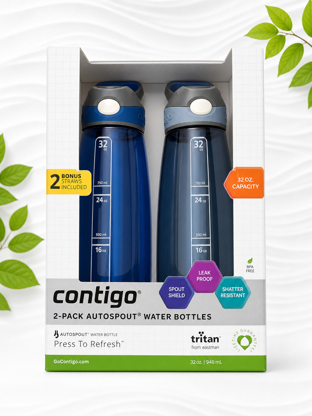 Contigo Autospout 32oz Water Bottle 2 Pack BPA Free Leak Proof Tritan US SELLER
