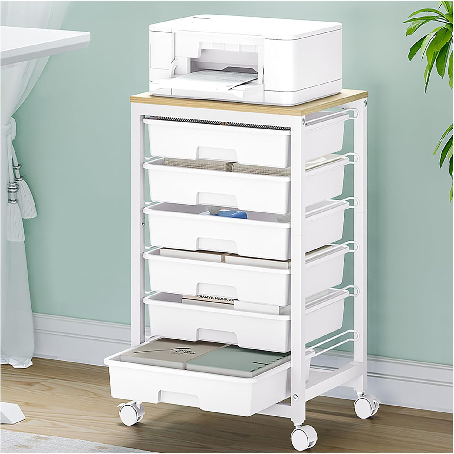 Rolling Storage Utility Cart with 6 Drawers and Wooden Tabletop for under Desk S