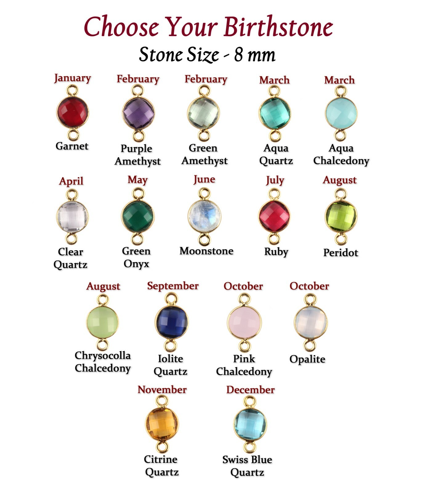 8mm Round Birthstone Gemstone Gold Plated Double Bail DIY Connectors Supplies