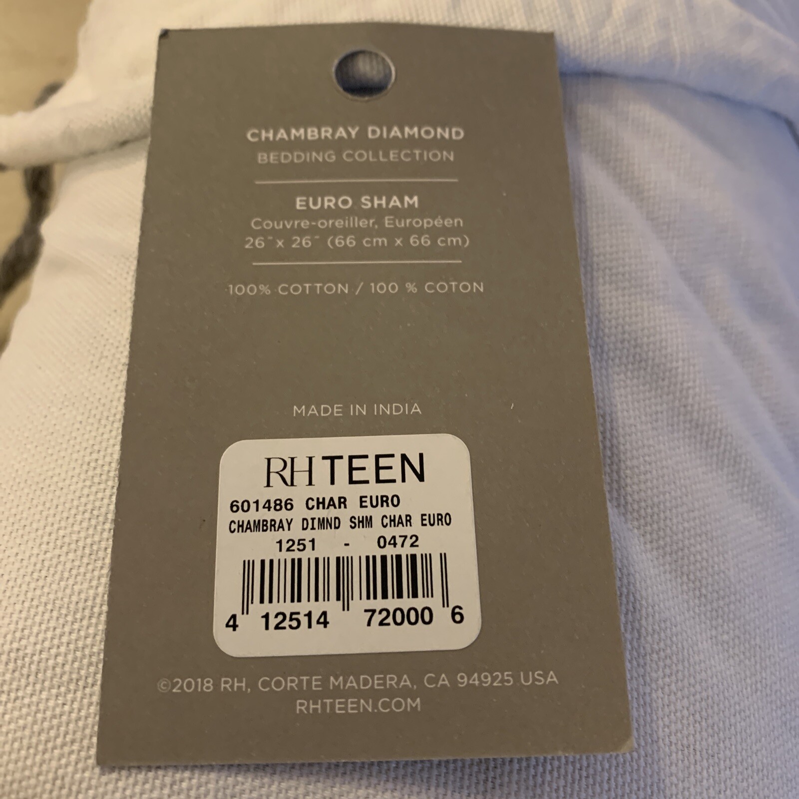 RH Teen Watercolor Grey Cotton Pillow Sham 26”x26”