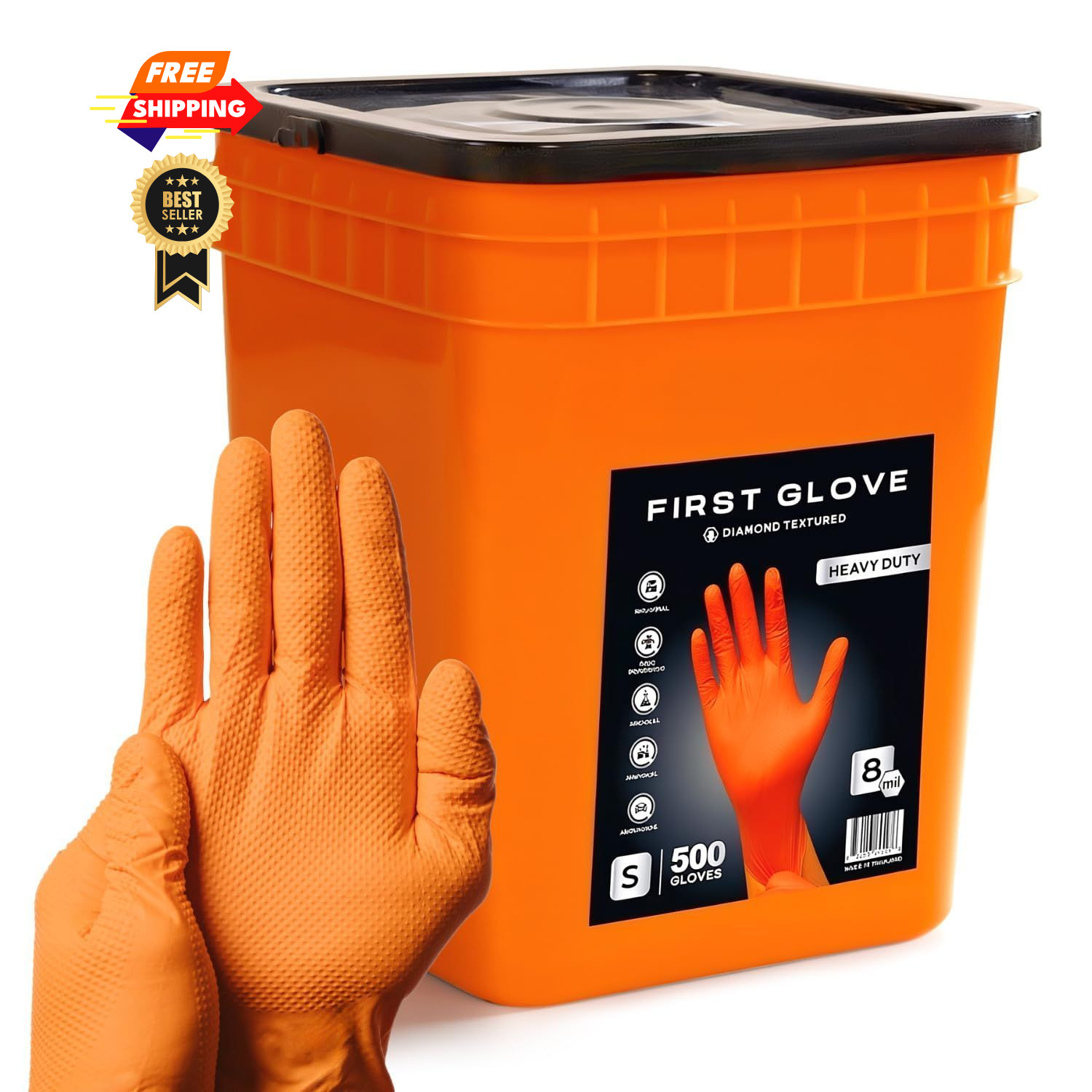 First Glove 8 Mil Orange Nitrile Gloves Bucket - 500 Count Large,