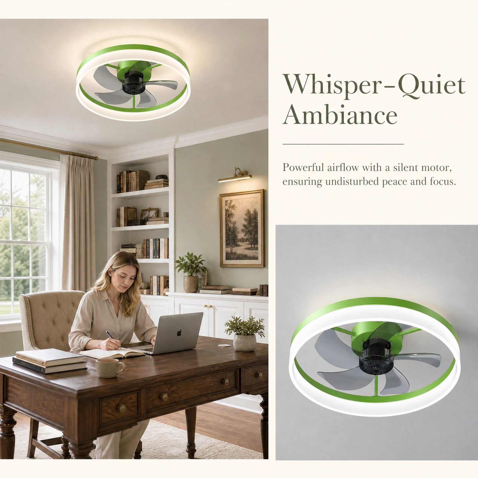 20'' Modern Green Ceiling Fan with LED Light Remote APP Control Flush Mount Kit